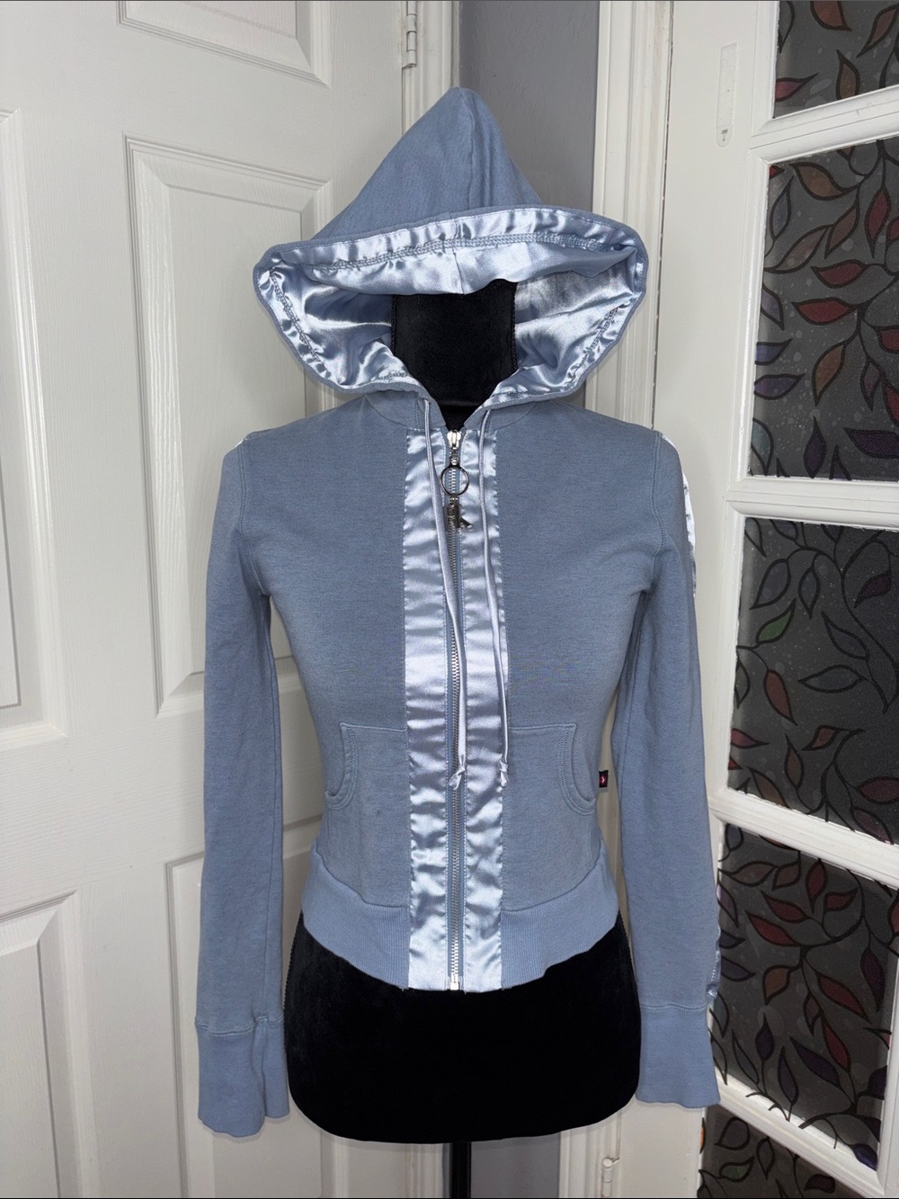 Hot Kiss Light Blue Satin-Trim Hooded Bomber Jacket